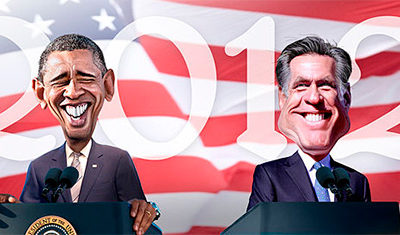 Election caricature of Obama and Romney.