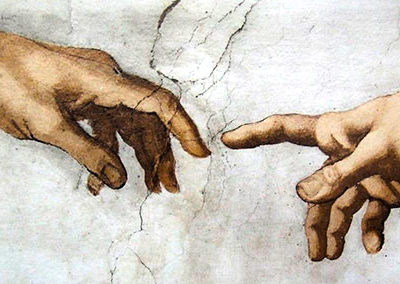 creation painting of the finger of God touching the finger of Adam