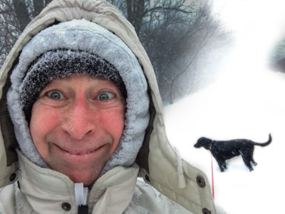 Stephen M. Miller and Buddy the Dog in a snowstorm