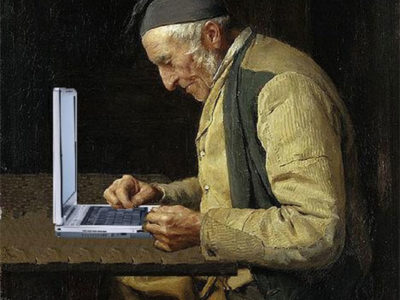 painting of old man with laptop computer