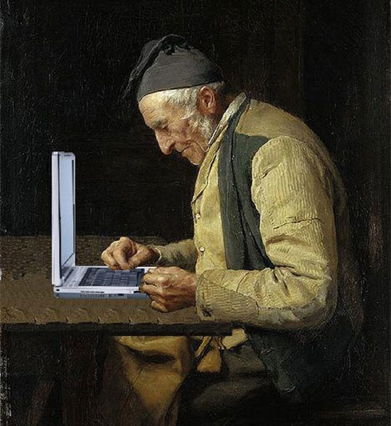 painting of old man with laptop computer