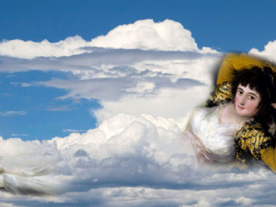 woman floating in clouds