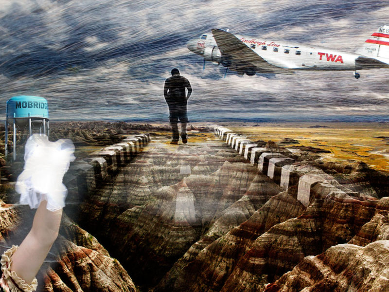 Montage of man walking in Dakota Badlands with DC-2 flying overhead