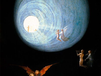 Painting of souls going through tunnel to light.