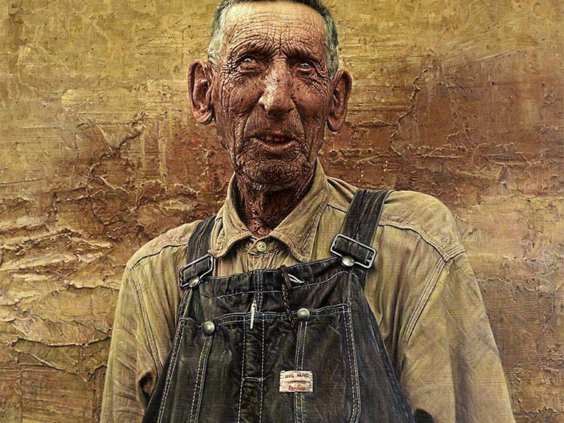 Painting of elderly man in jeans.