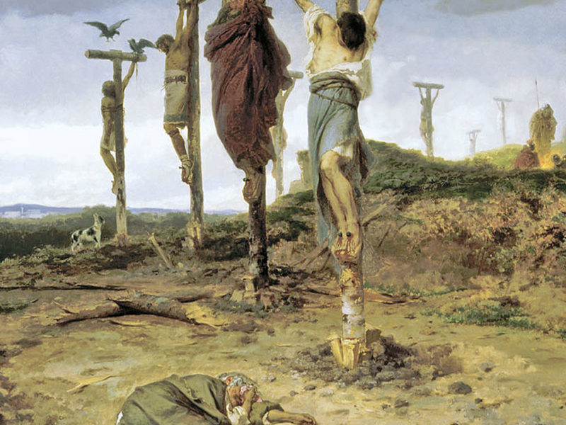 Painting of crucifixion of several people.