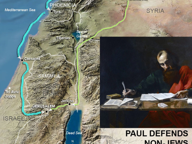 Paul writing letter with map in background