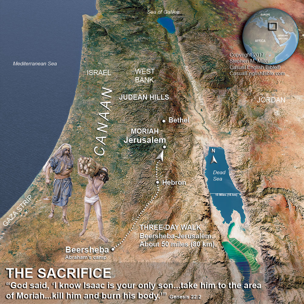 map of Abraham's route to sacrifice Isaac, from Beersheba to Jerusalem.