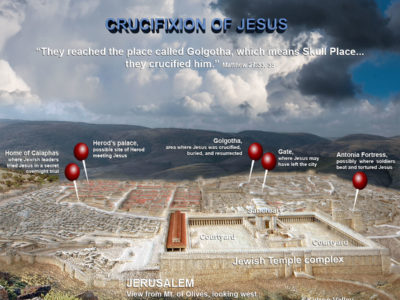 Jerusalem model with Crucifixion sites located.