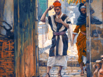 painting of man walking into house in Bible times