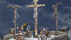 painting of Jesus and 2 others on crosses