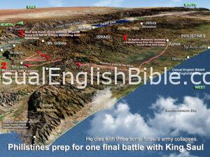 3D Bible map of Philistine coalition army marching on King Saul's forces in Israel. Saul and three sons will die in the battle. Casual English Bible.
