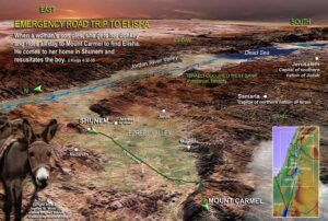 3d Bible Map of the route from Shunem to Mount Carmel for the story of Elisha bringing a dead boy back to life. Casual English Bible.