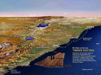 Casual English Bible map of timber rafting cedars of Lebanon to King Solomon in Israel. Copyright Stephen M Miller