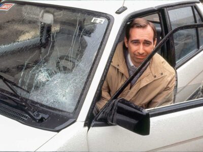 Stephen M. Miller in a car that was stoned near Hezekiah's Tunnel in East Jerusalem.