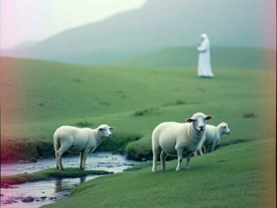picture of sheep by stream with shepherd . for Casual English Bible song