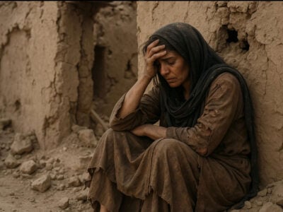 Picture of woman by destroy home in Middle East